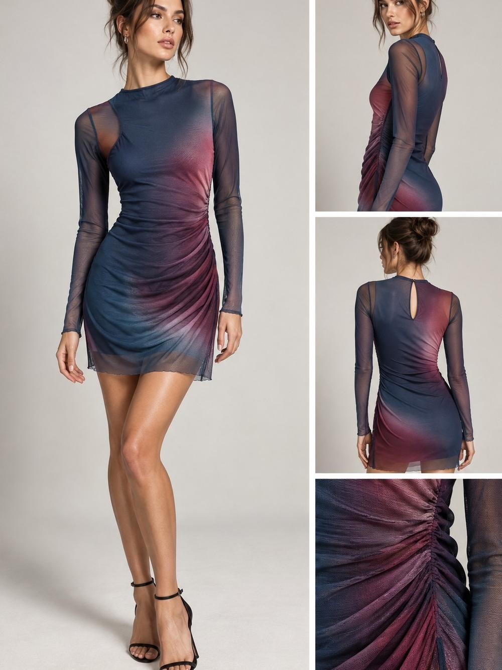 Zara Teal and Magenta Long Sleeve Ruched Mesh Dress